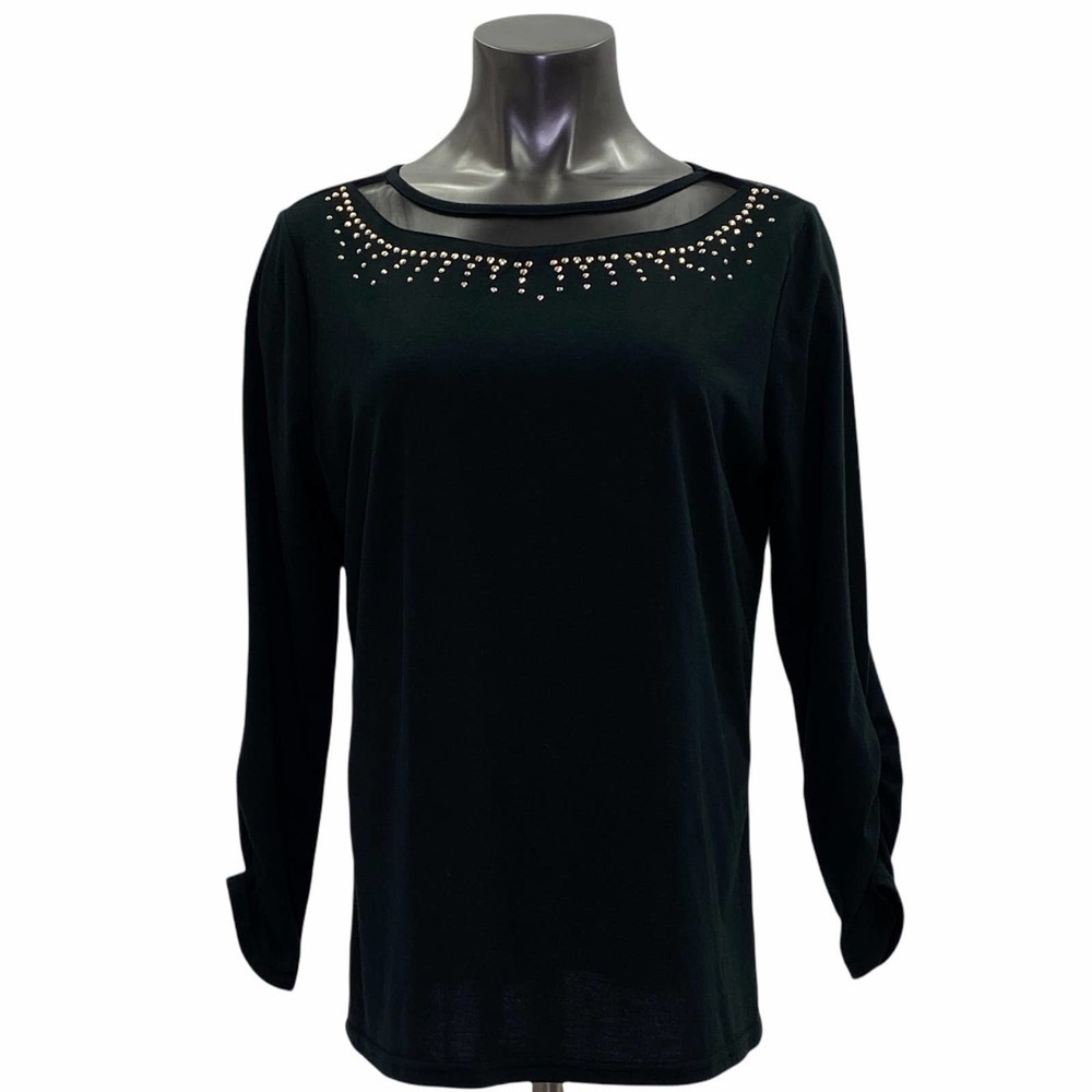 RUSSELL Kemp Black Embellished Studded Sheer Mesh Long Ruched Sleeve Blouse
